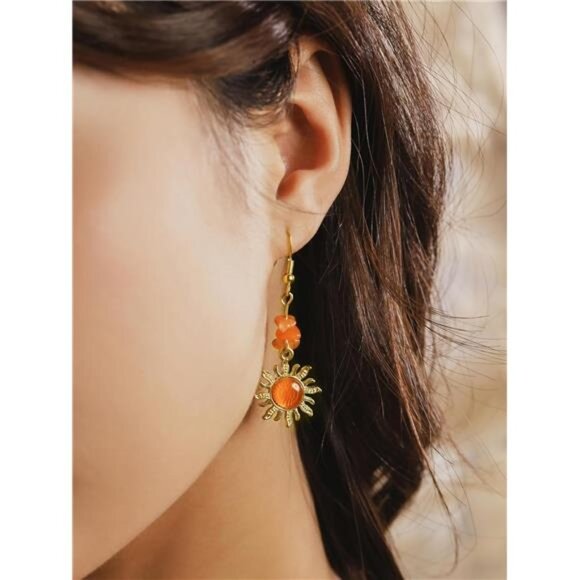 Boho Sunburst Earrings – Natural Stone Statement Earrings in Warm Orange - Picture 3 of 5
